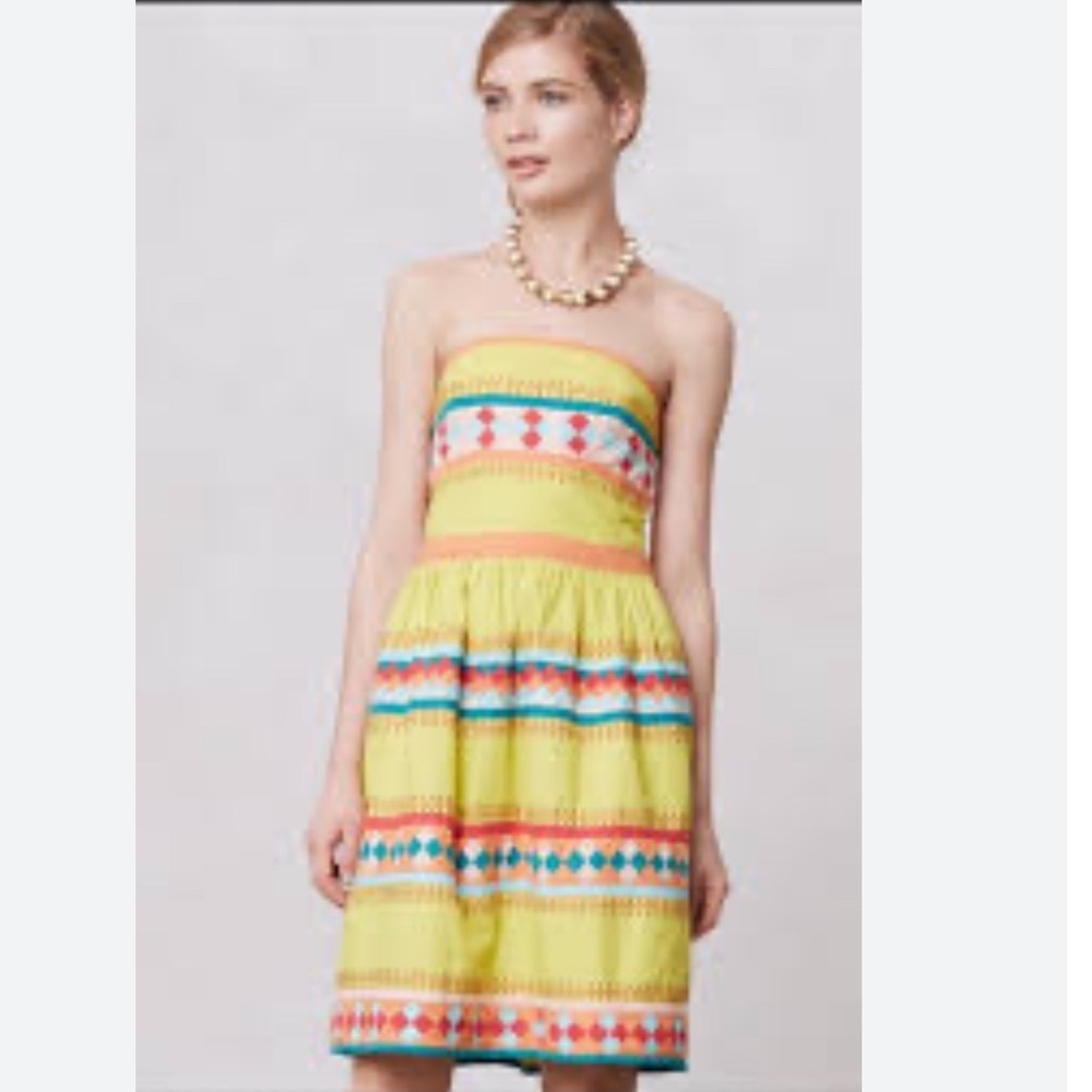 Leifsdottir Anthropologie Quilotoa Yellow Embroidered Strapless Dress Size 10